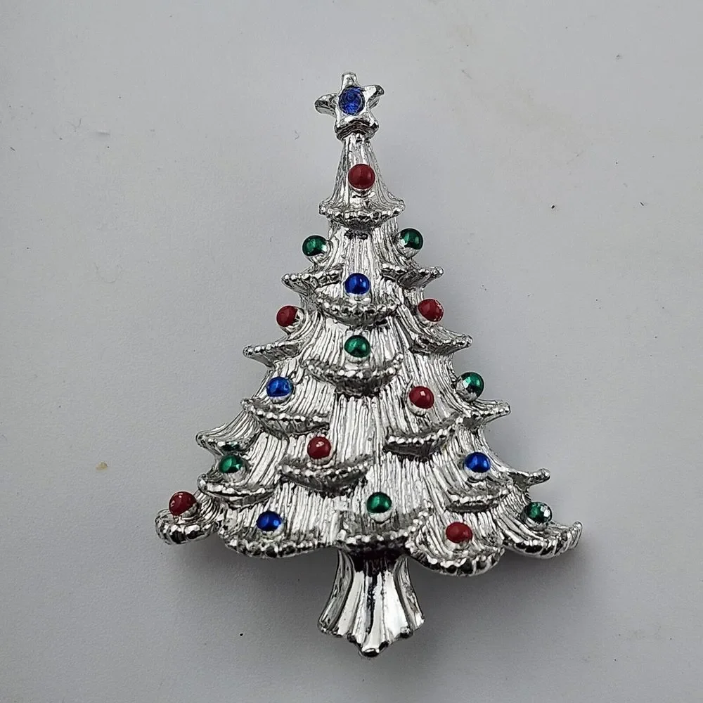 VTG‎ CHRISTMAS TREE BROOCH GERRY'S SIGNED SILVER TONE GREEN RED BLUE ORNAMENTS